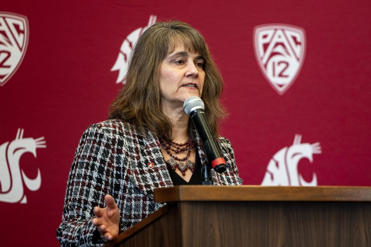 Anne McCoy addresses questions about the now-completed search for a new MBB coach, April 4, in Pullman, Wash. 