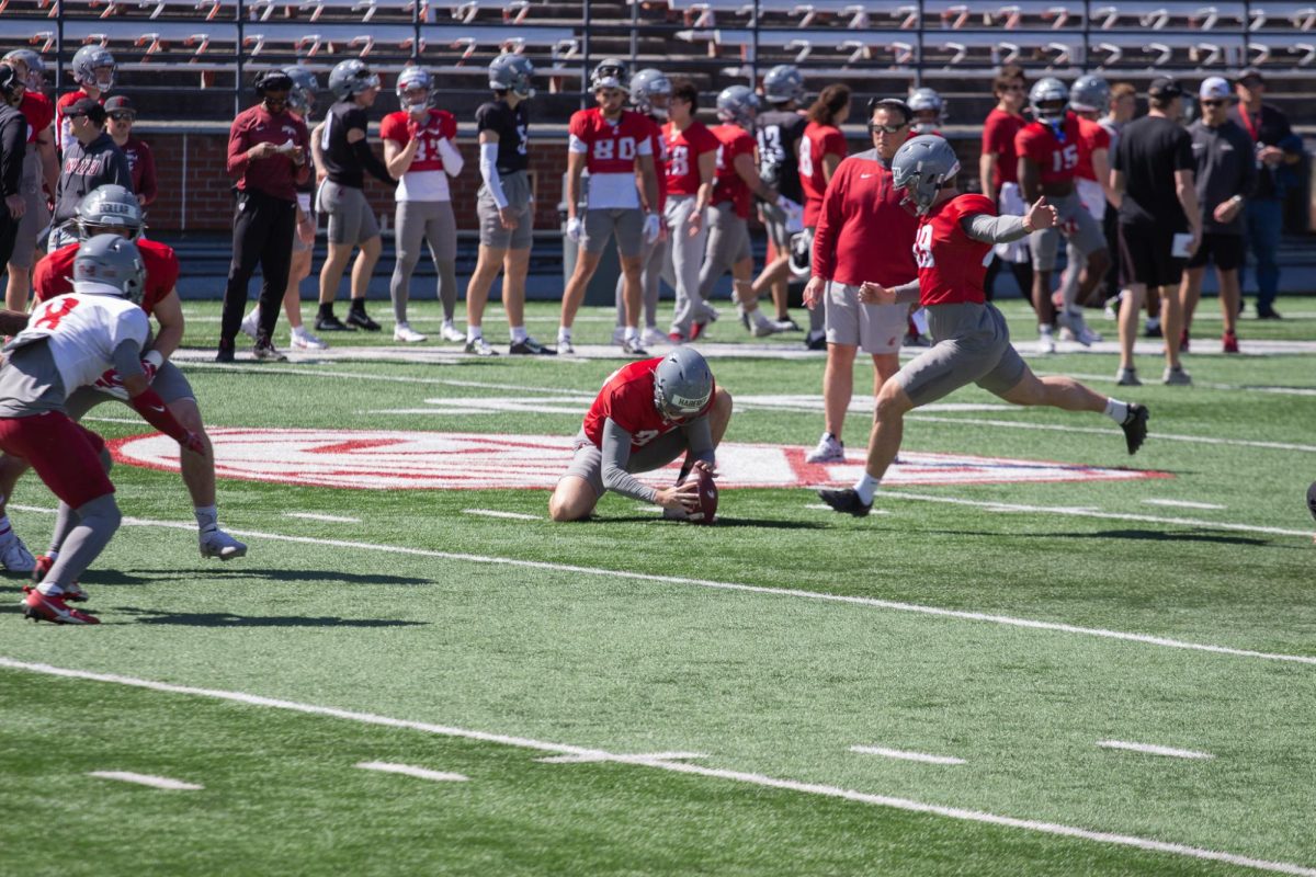 WSU kicker Dean Janikowski kicks a field goal during practice, April 22, in Martin Stadium. He would later walk off the spring game for Crimson with a field goal.