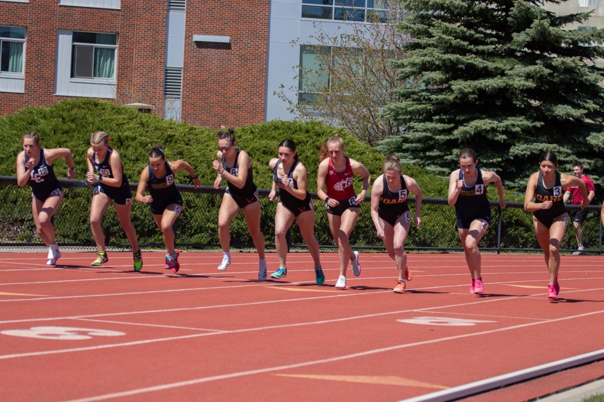 Runners start the second 400-meter dash of the Cougar Classic at Mooberry Track, April 22, in Pullman, Wash. 