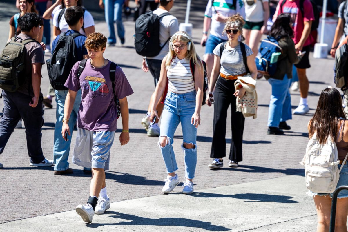 WSU students walk the mall in between classes on the first day of the fall semester, Aug. 19, in Pullman, Wash. 