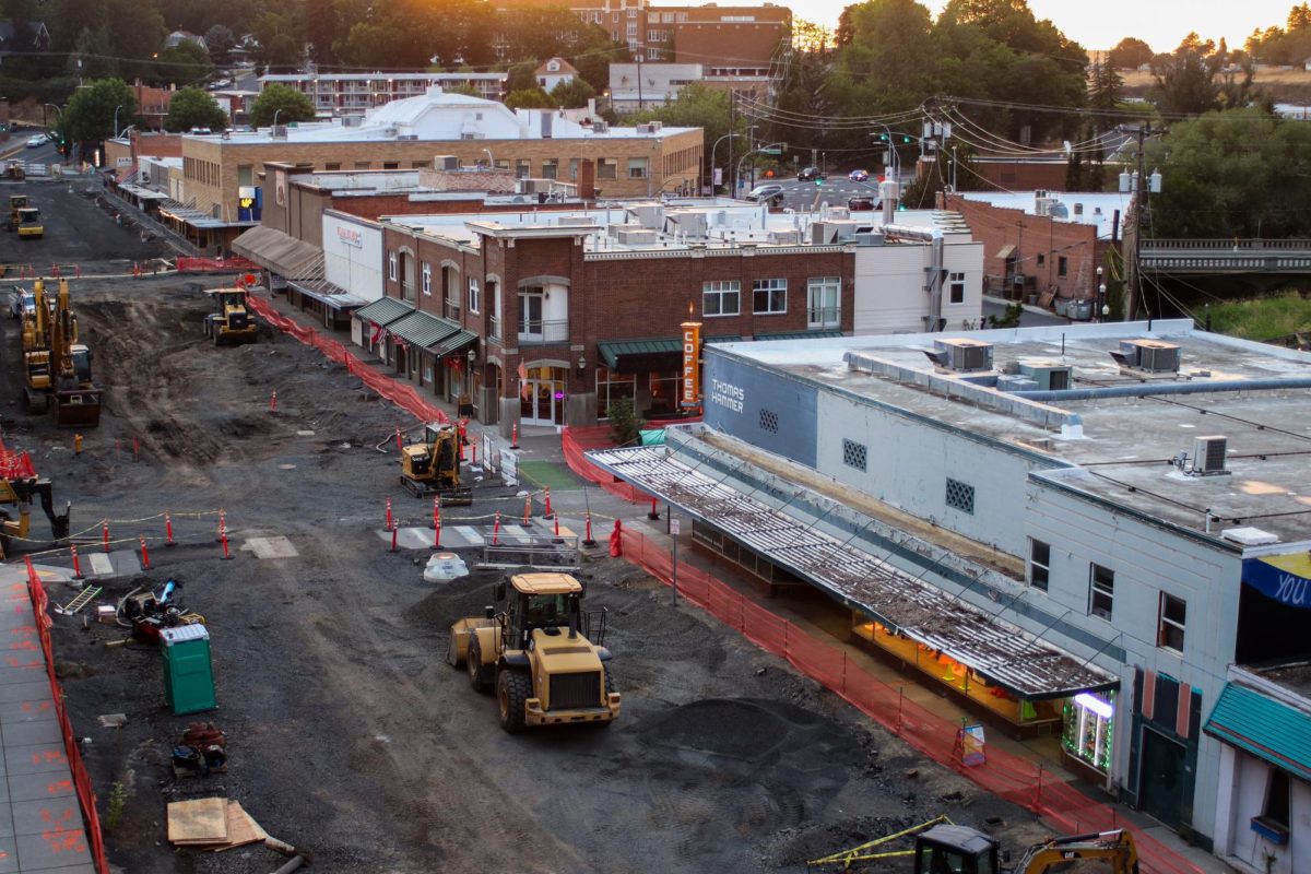 The sun sets over the downtown construction Aug. 13 in Pullman, Wash.