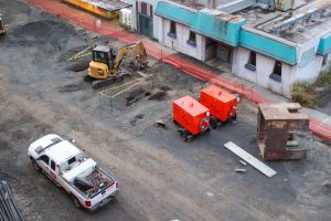 A birds-eye view of the downtown construction from Evolve on Main, Aug. 13, in Pullman, Wash.