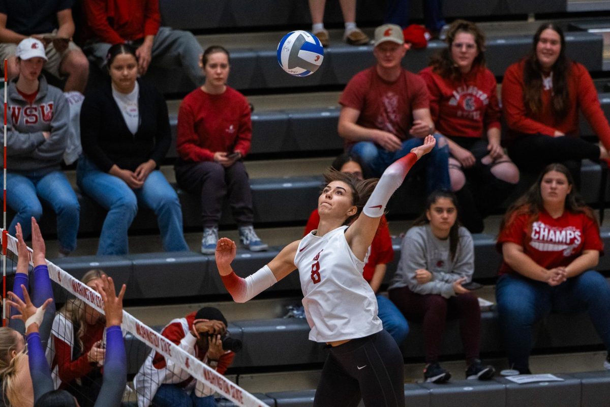 Katy Ryan watches the ball as she attacks against Portland, Oct. 2, in Pullman, Wash. 