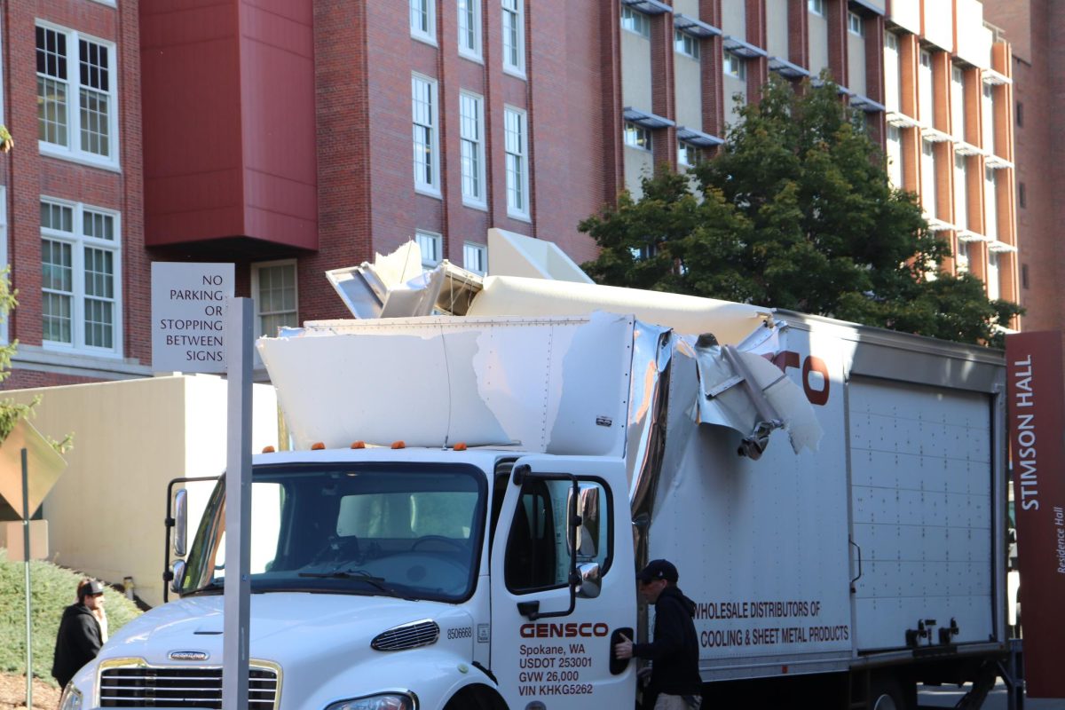 The damaged to the truck after being removed from the bridge on College Street on Oct. 7, 2024.