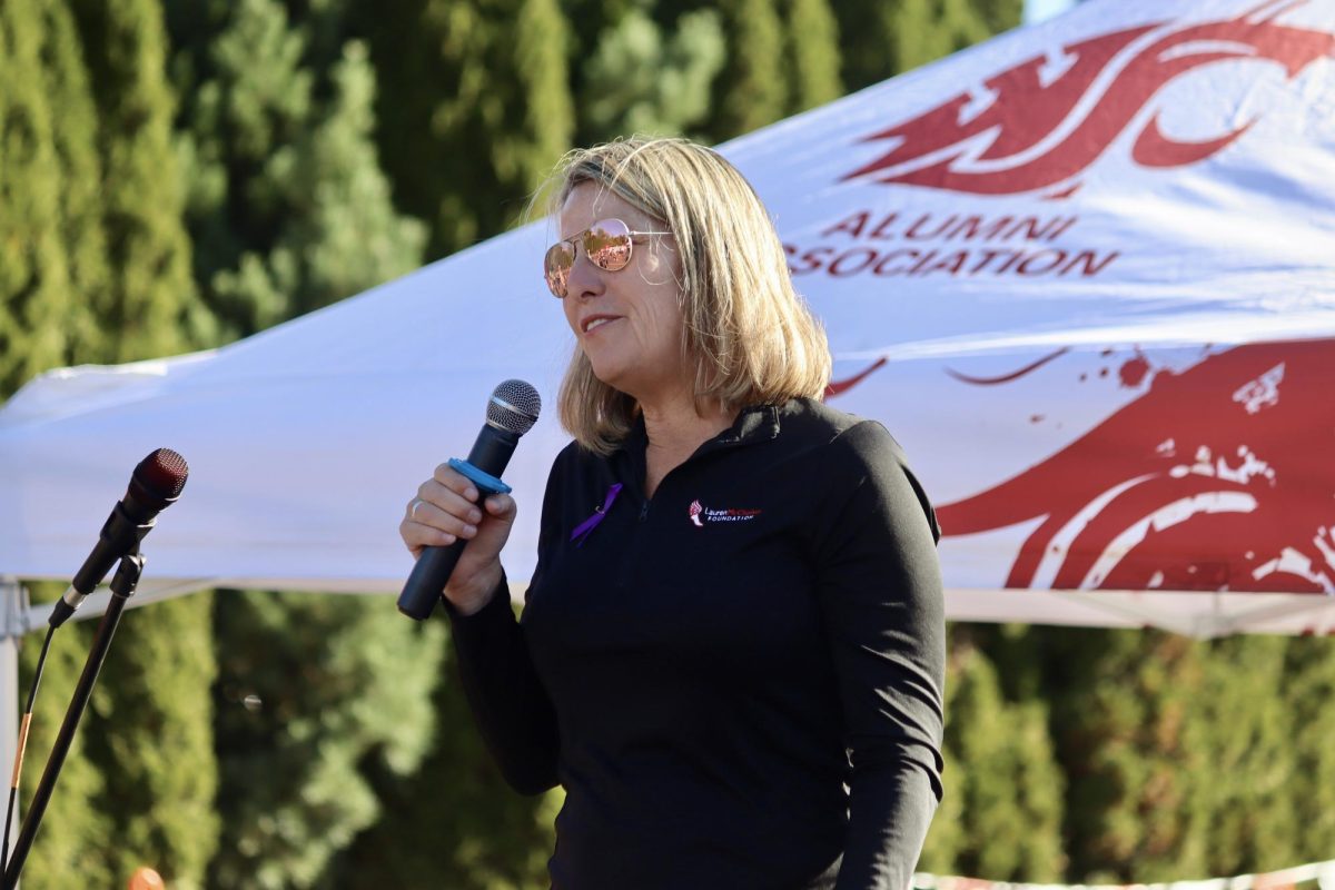 Jill McClusky addresses the crowd ahead of the race start Sept. 28, 2024 in Pullman, Wash.