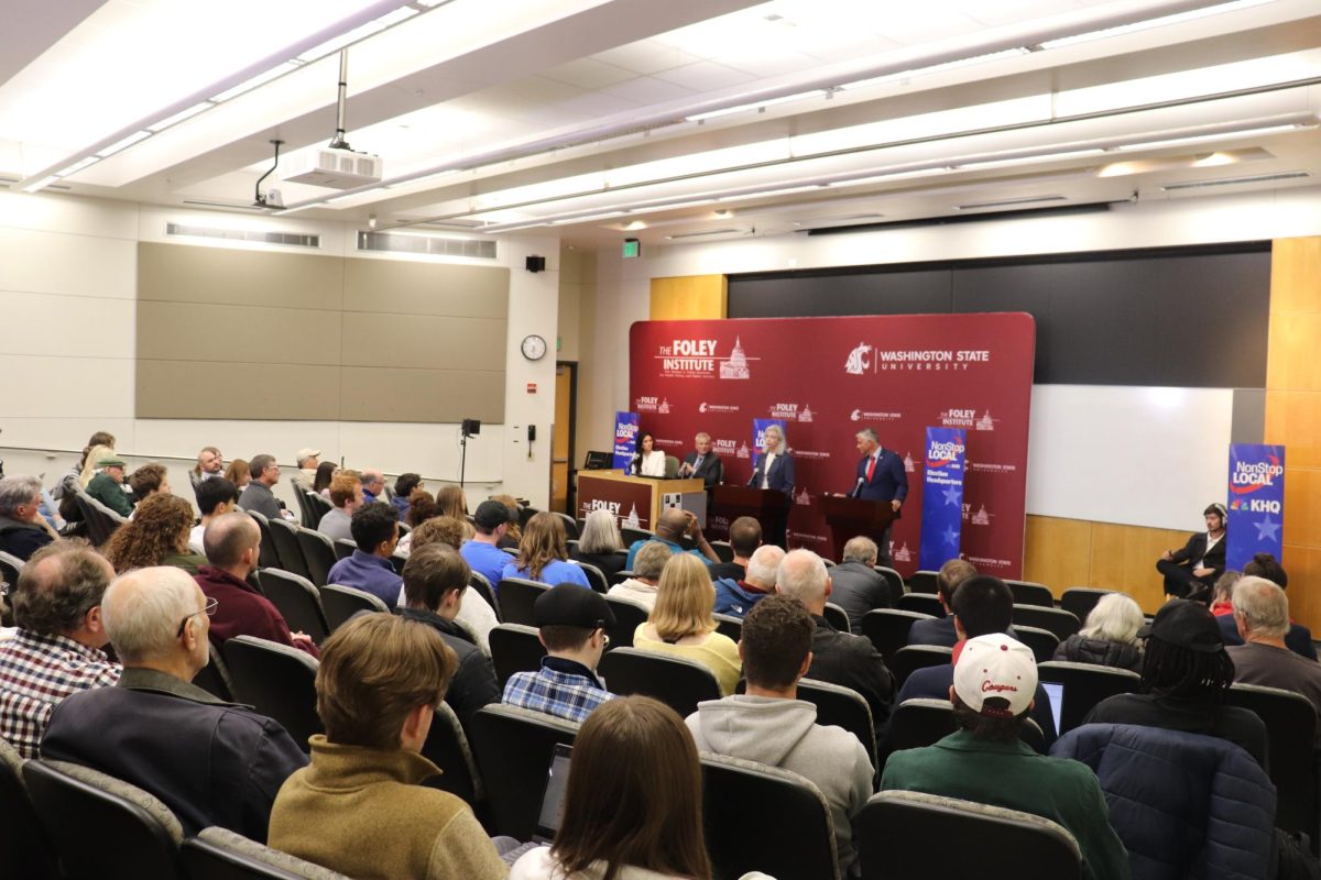 The auditorium of Goertzen Hall was full of faculty, students and community members watching the live debate.