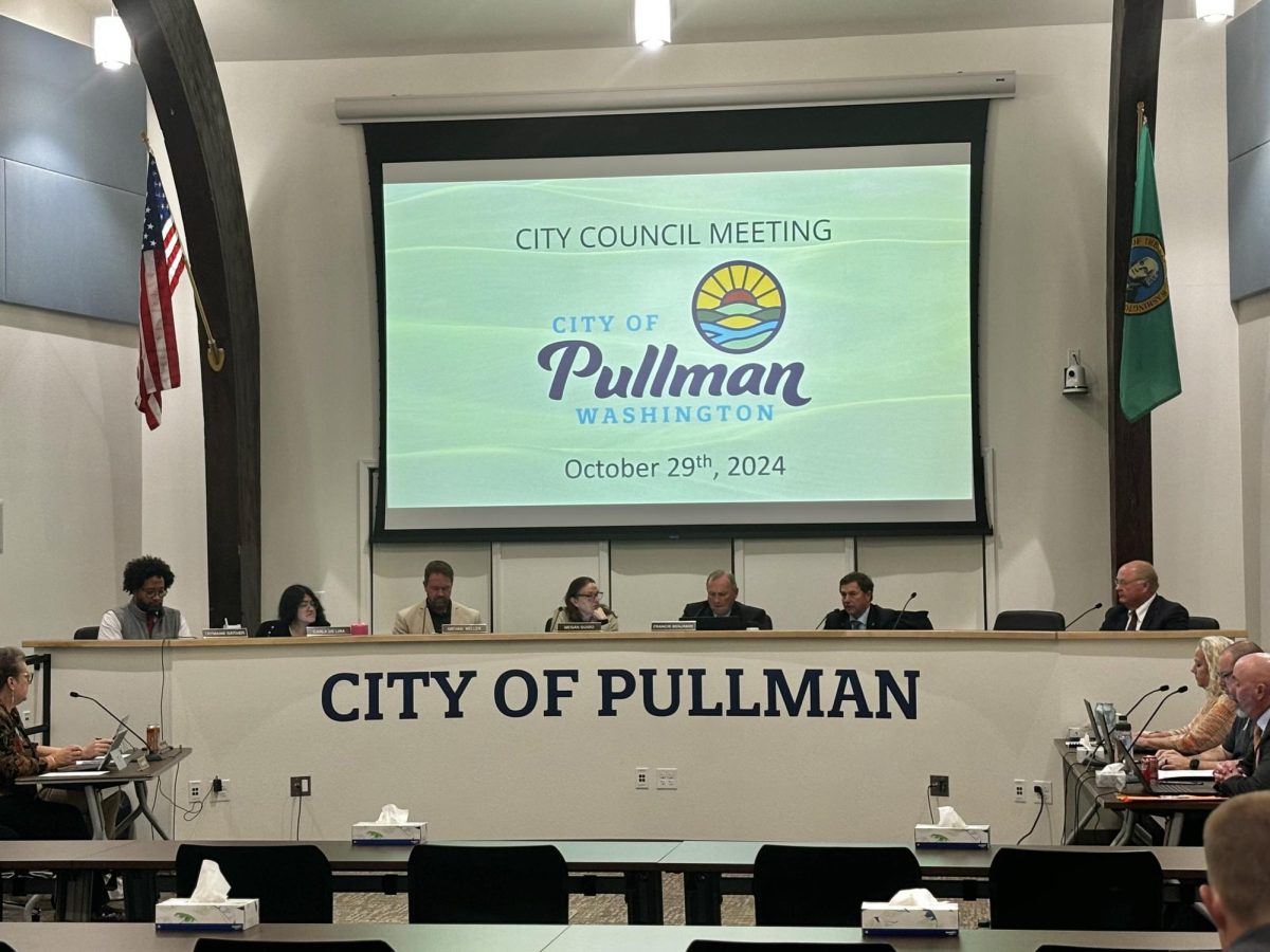 Sen. Mark Schoesler and Rep. Joe Schmick, right, join Pullman City Councilors Oct. 29, in Pullman, Wash. 