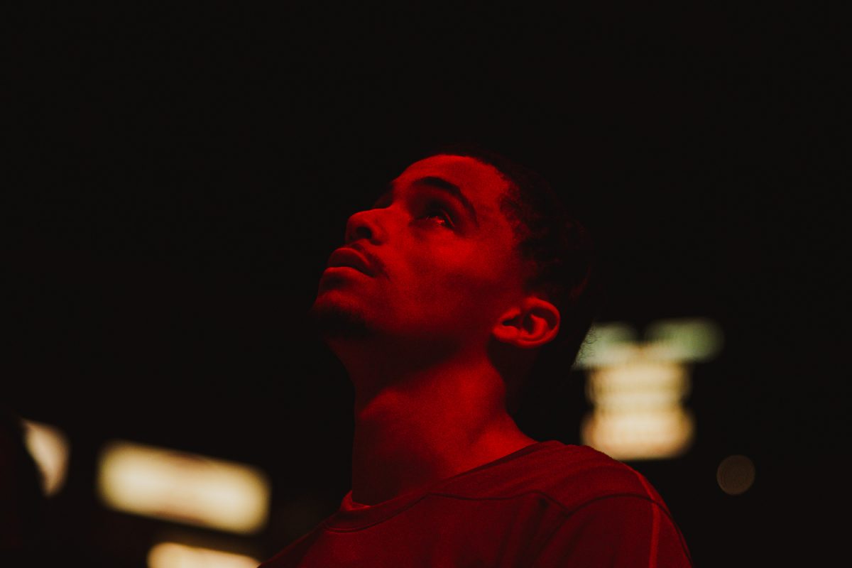 WSU guard Isaiah Watts basked in red light during starter introductions, Nov. 18, in Pullman, Wash.