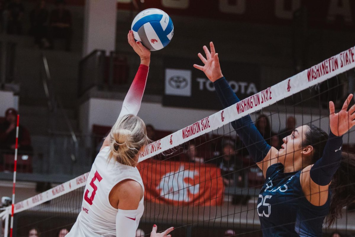 Jaden Walz gets under the ball for an attack at the net in the first set against Saint Mary's, Nov. 9, in Pullman, Wash. 