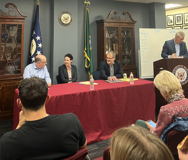 Panelists tabling at the election prediction panel at WSU's Foley Institute on Nov. 5 in Pullman, Wash.