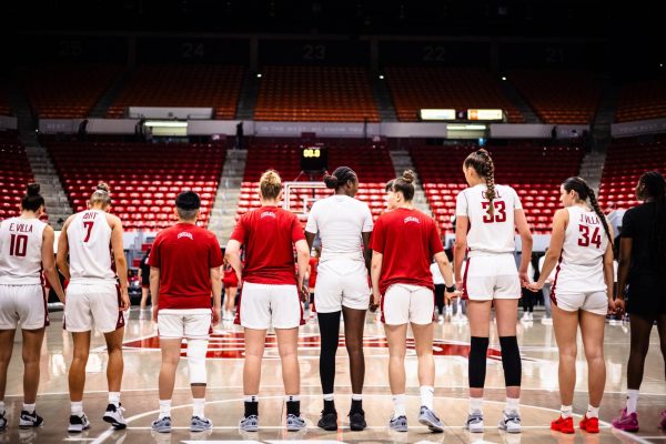 WSU WBB team holding hands during the national anthem.