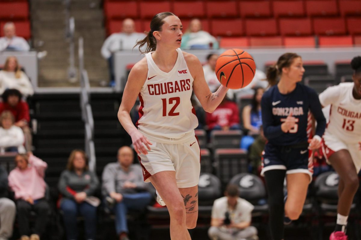 Kyra Gardner brings the ball up the court on Jan. 11 against Gonzaga in Pullman, Wash.