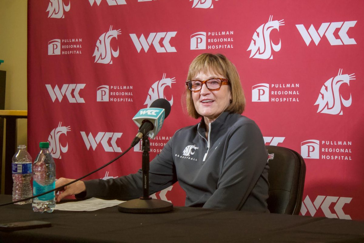 WSU head coach Kamie Ethridge speaks at a postgame press conference after beating Pacific on Jan. 30, in Pullman, Wash.