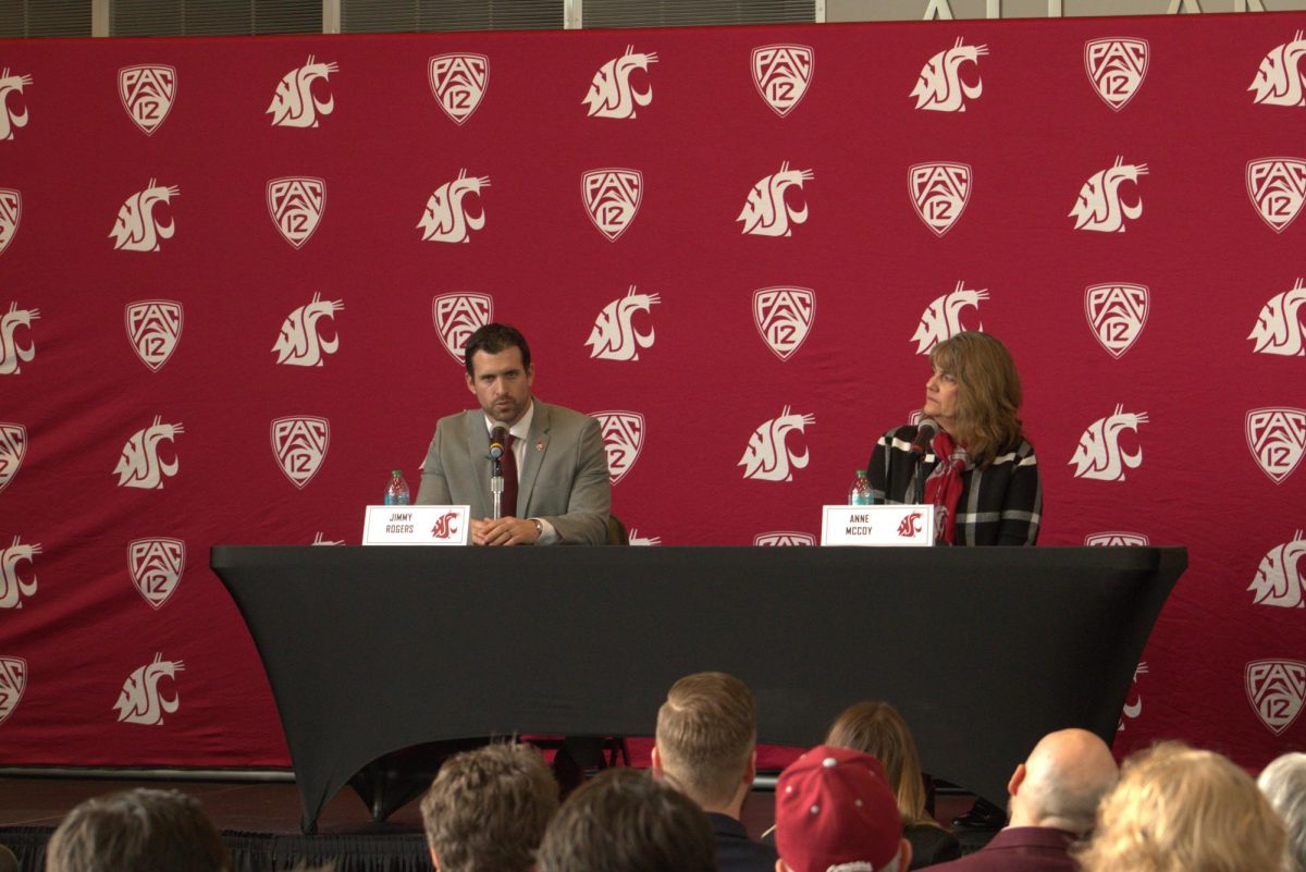 New head coach Jimmy Rogers and Athletic Director Anne McCoy speak at Rogers' introductory press conference on Jan. 9, Pullman, Wash. 