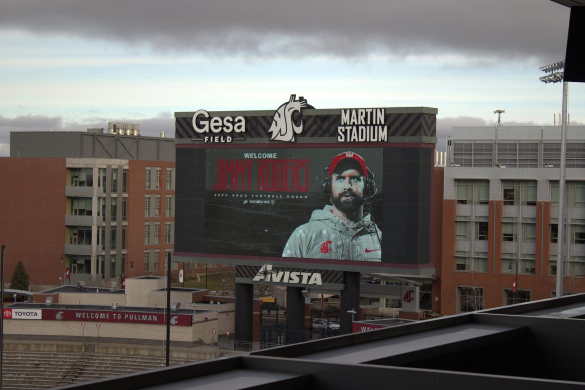 Jimmy Rogers displayed on the big board at GESA field in the lead-up to his introductory press conference on Jan. 9, 2025, Pullman, Wash. 