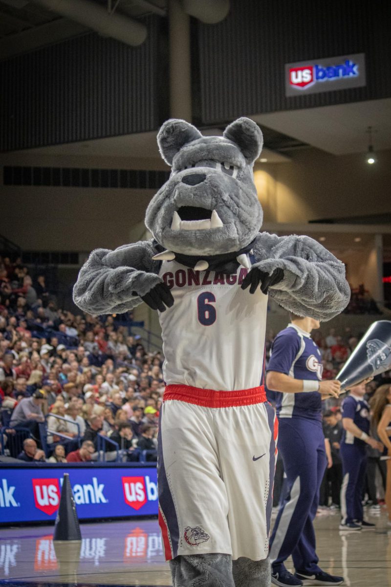 Gonzaga mascot "Spike" gets the crowd hyped for their home game against WSU in Spokane, Jan. 13, 2025.