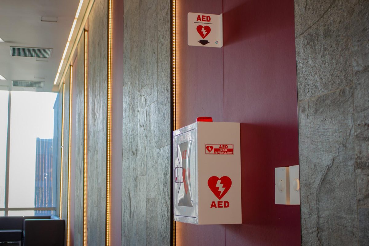 AED machine in the lobby of the Northside Residence Hall on Jan. 24, 2025