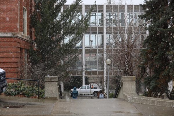 Snow falling on campus near the skybridge connecting Abelson and Eastlick.