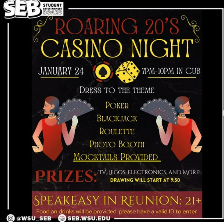 Promotional flyer for the Roaring 20s Casino Night hosted by the Student Entertainment Board.