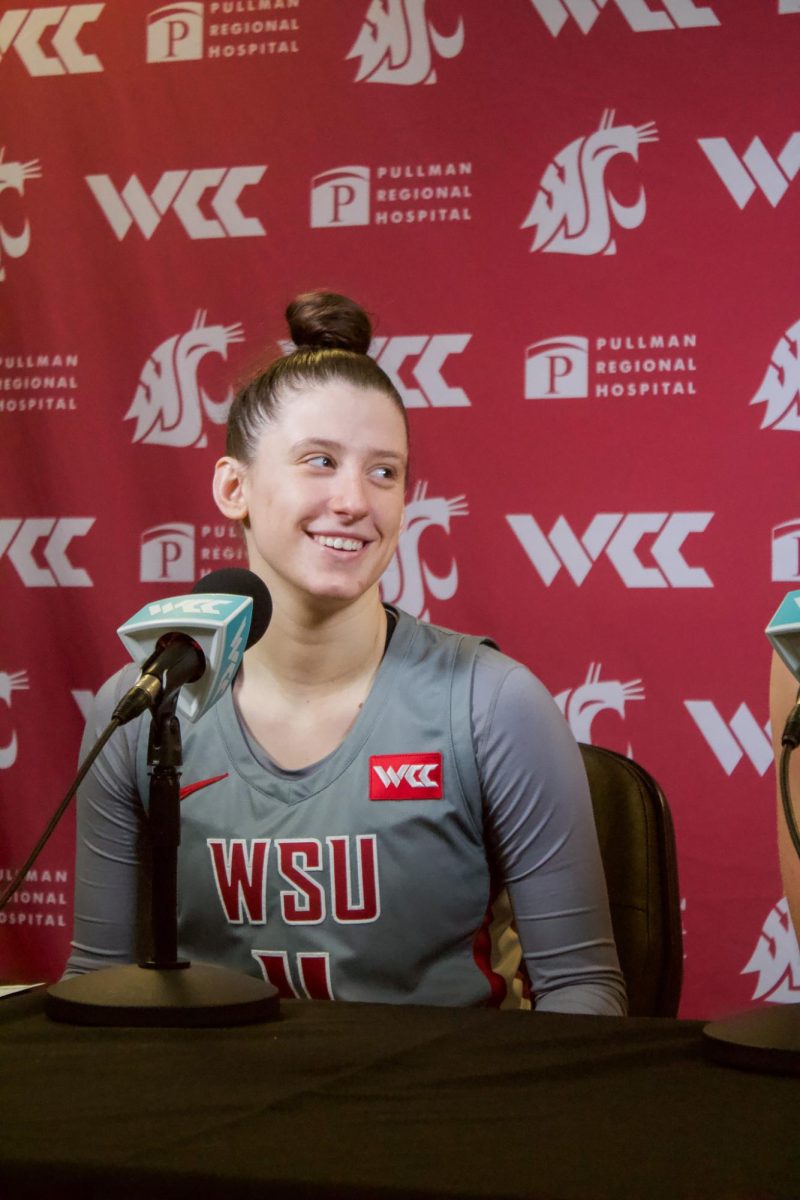 Junior guard Astera Tuhina speaks at press conference after Senior Day win on Feb 22, 2025 at Beasley Coliseum in Pullman, Wash.