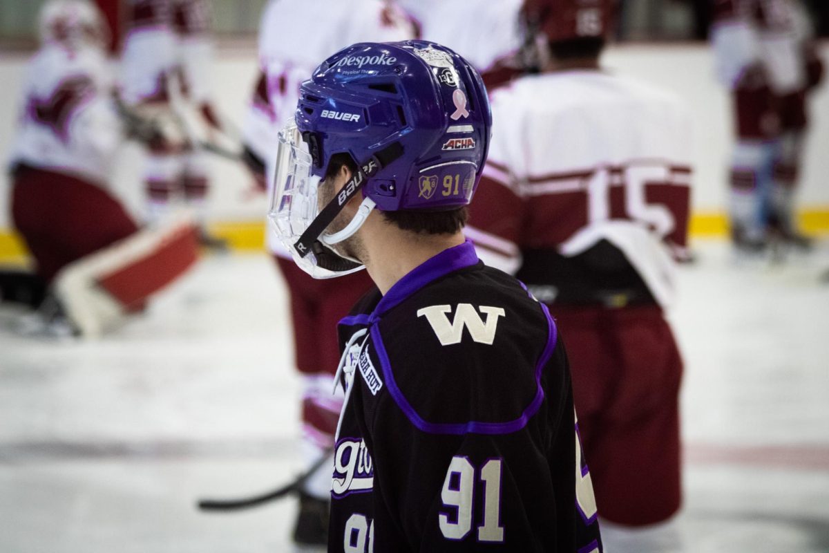 University of Washington forward Dominic Wolfe warming up ahead of a game against WSU hockey. 