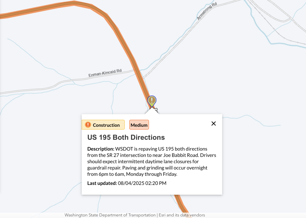 Map of nine-mile stretch of US 195 starting south of Pullman.