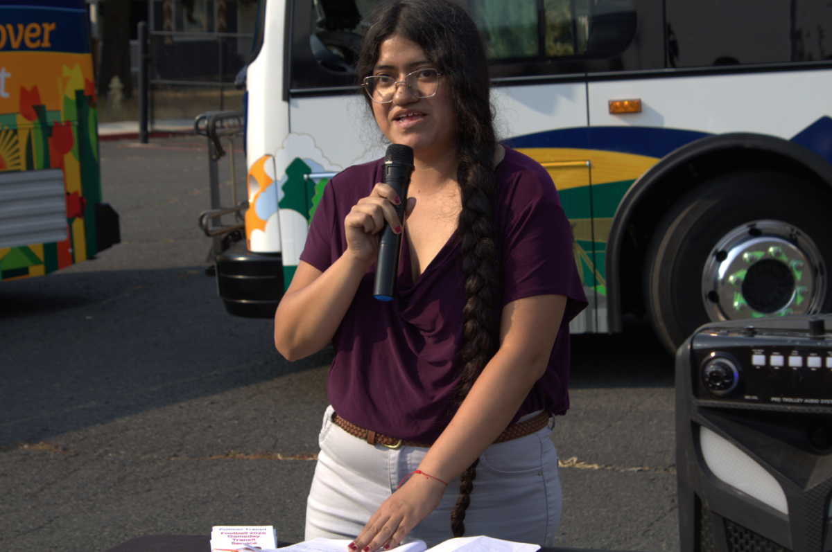 Council member Carla de Lira speaks at the bus unveiling Sept. 4, 2025.
