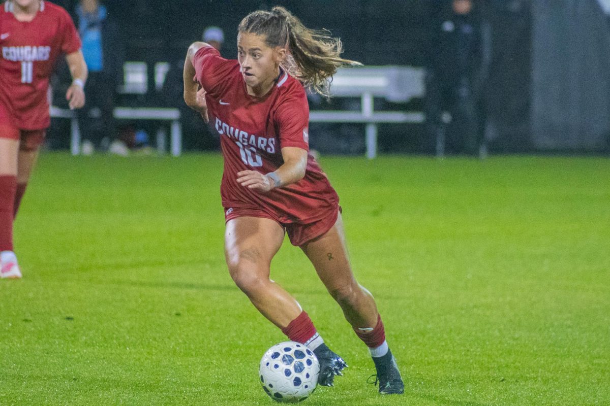 Audrey Shackelford plays the ball for WSU soccer against LMU on Oct. 11 2025. 