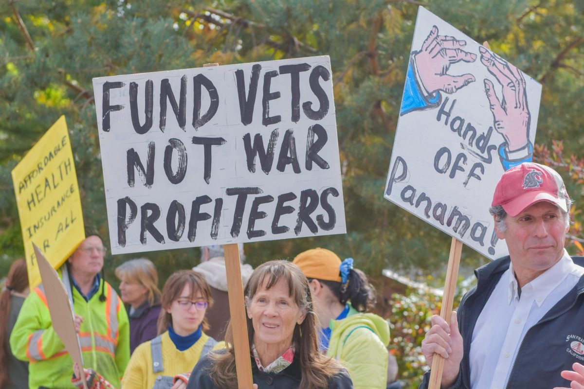 Protesters raising signs at the 'No Kings' rally hosted in downtown Pullman, Oct. 18