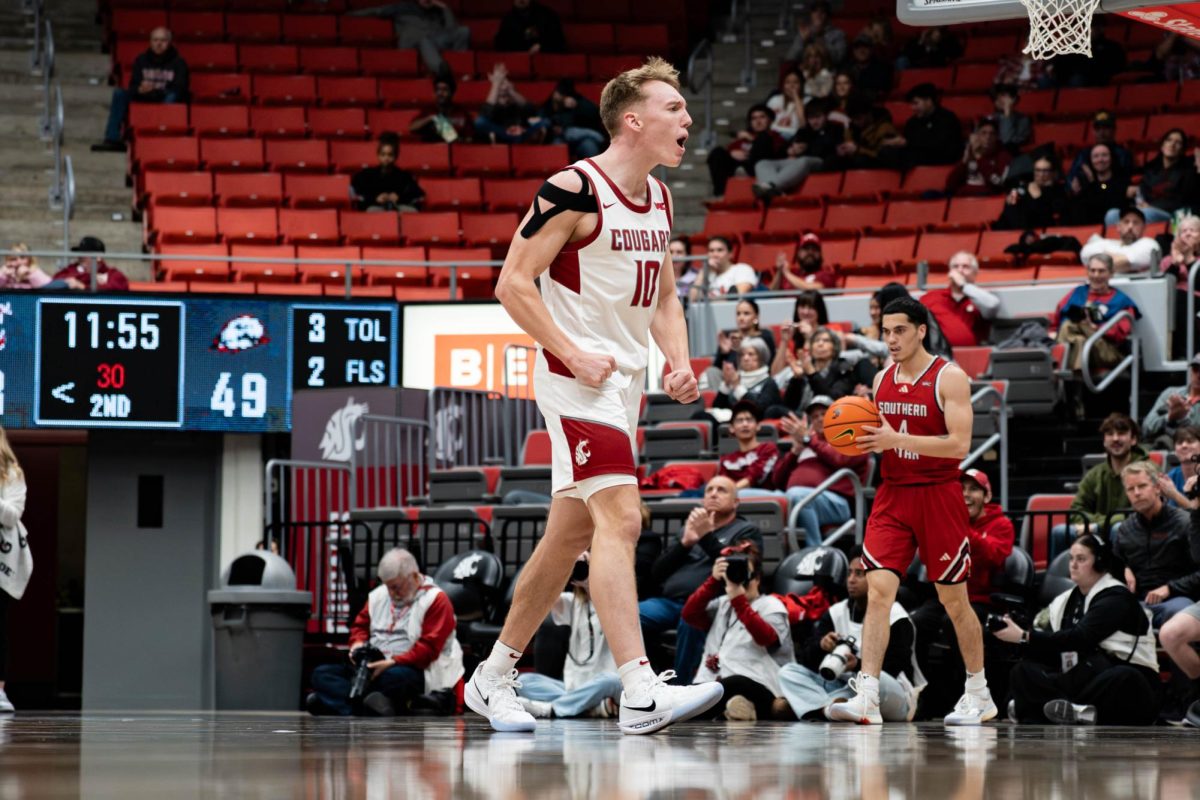 Washington State Guard Parker Gerrits celebrates a basket during the Cougars' win over Southern Utah on Wednesday, Nov. 19 at Beasley Colosseum. 
