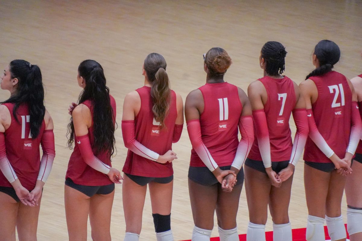 The WSU volleyball team lined up for the national anthem before their match against University of Portland, Nov. 20, 2025
