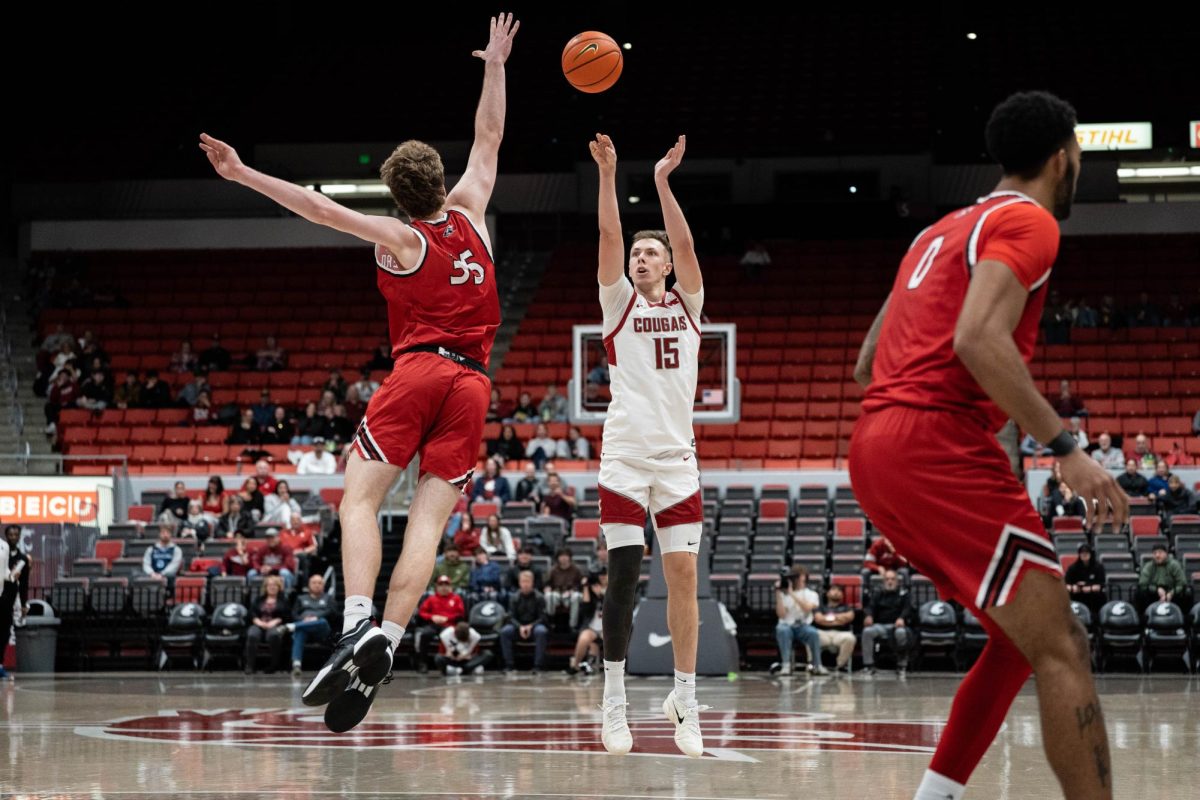 Washington State Guard Rihards Vavers takes a shot during the Cougars' win over Southern Utah on Wednesday, Nov. 19 at Beasley Colosseum. 