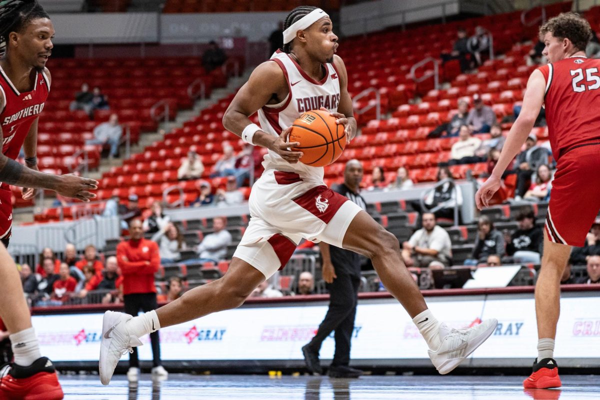 Washington State Guard Jerone Morton drives to the hoop during the Cougars' win over Southern Utah on Wednesday, Nov. 19 at Beasley Colosseum. 