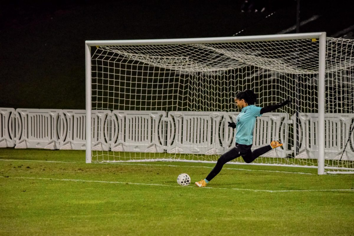 Goaltender Zora Standifer kicks the ball for WSU soccer against San Francisco on Wednesday Nov. 5 2025.  