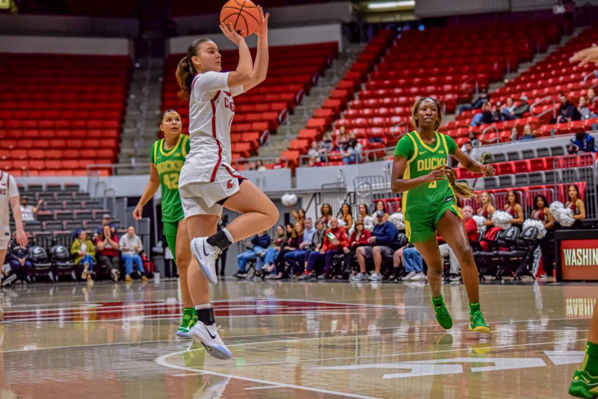 WSU Guard Malvina Haziri taking a shot at the basket against University of Oregon, Nov. 19, 2025
