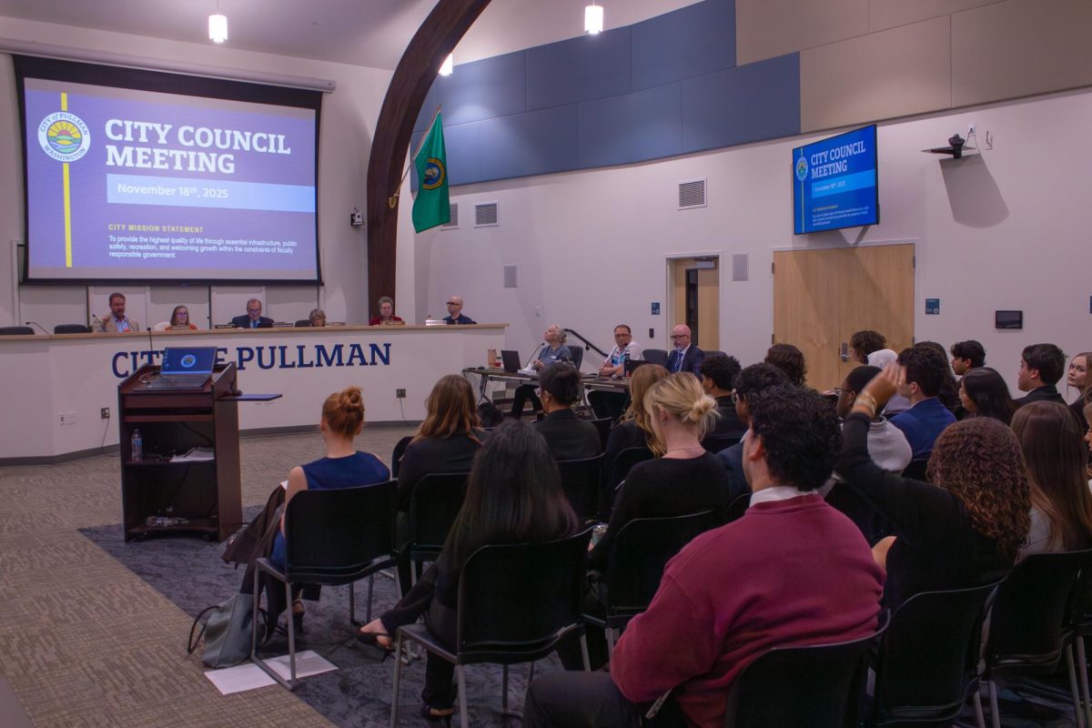 Members of ASWSU Senate and Executive branch sit in observation of the Pullman City Council meeting on Nov. 18, 2025