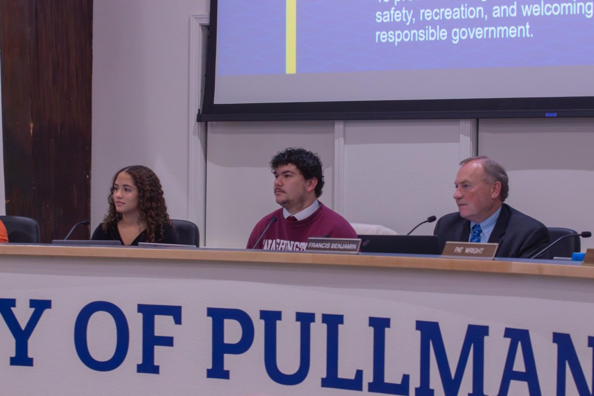 ASWSU President Isaac Velazquez and Vice President Grace Carpenter sit alongside the Pullman City Council during a joint meeting on Nov. 18, 2025
