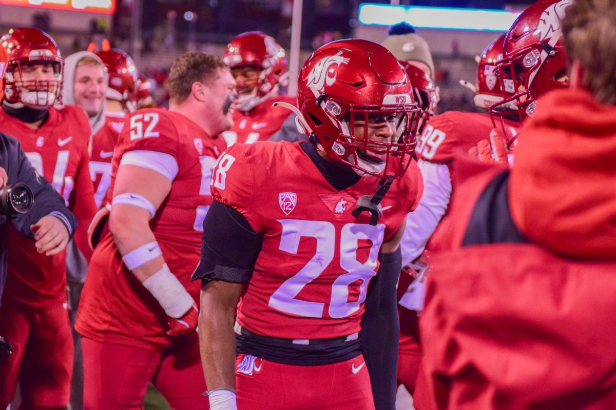 WSU Offensive Line Christian Hilborn celebrating the WSU victory against OSU, Nov. 30, 2025