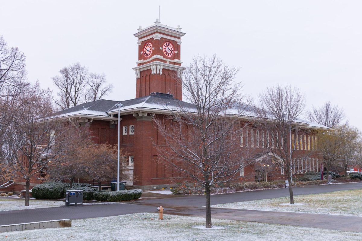 The Bryan Clock Tower stands in the late afternoon of early winter on Dec. 2, 2025.