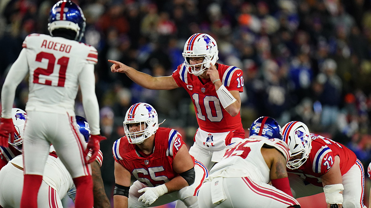 Drake Maye calls an audible against the New York Giants in the 2025 season in the National Football League (Courtesy of NBC Boston). 