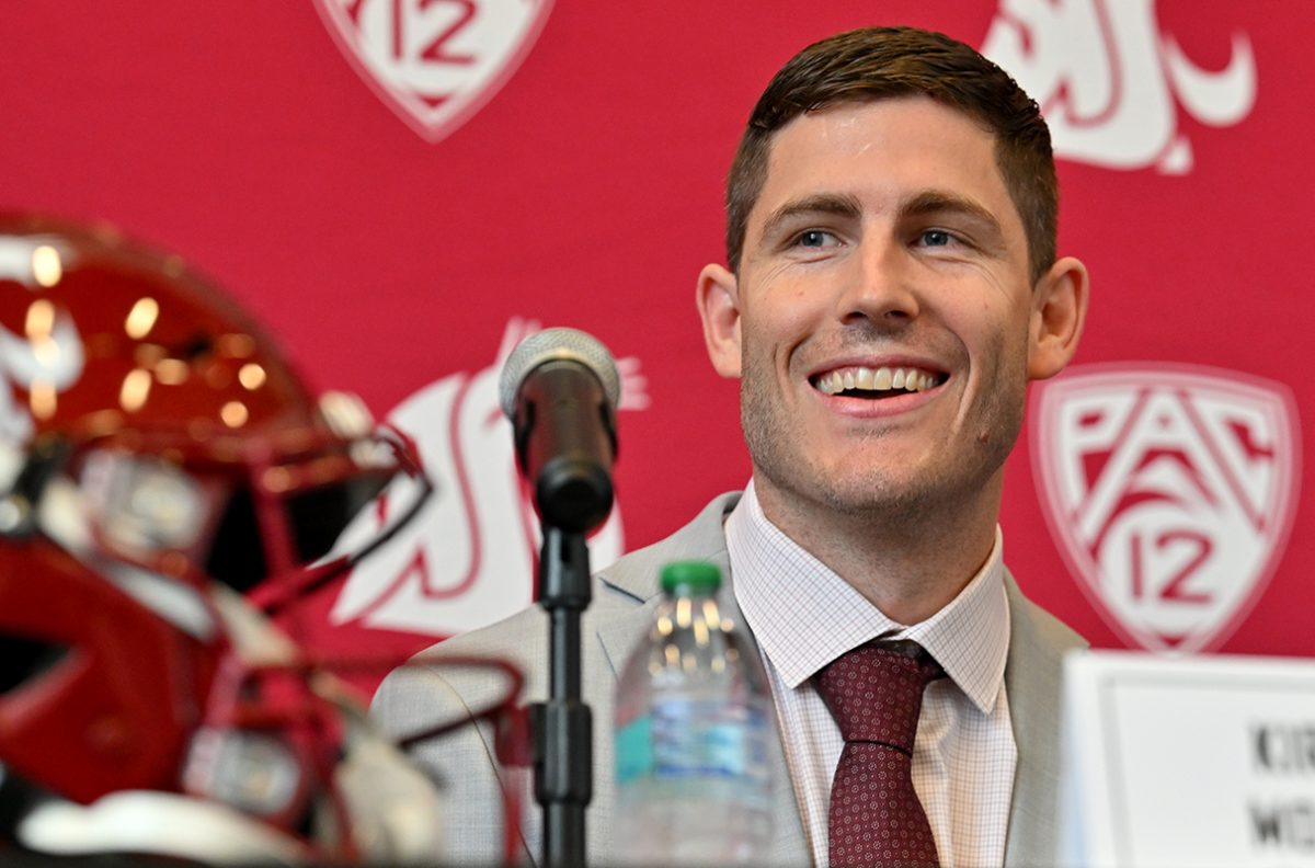 WSU Football Head Coach Kirby Moore is introduced to Cougar faithful during an introductory press conference Tuesday, Dec. 16, 2025 (Courtesy of Robert Hubner, WSU Photo Services).