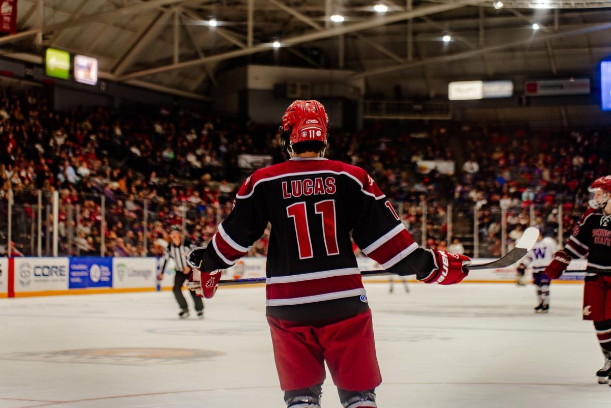 Keegan Lucas skates on the ice for the WSU hockey team on Jan. 9 2026 in the Toyota Center (Courtesy of Brandon Mendoza). 