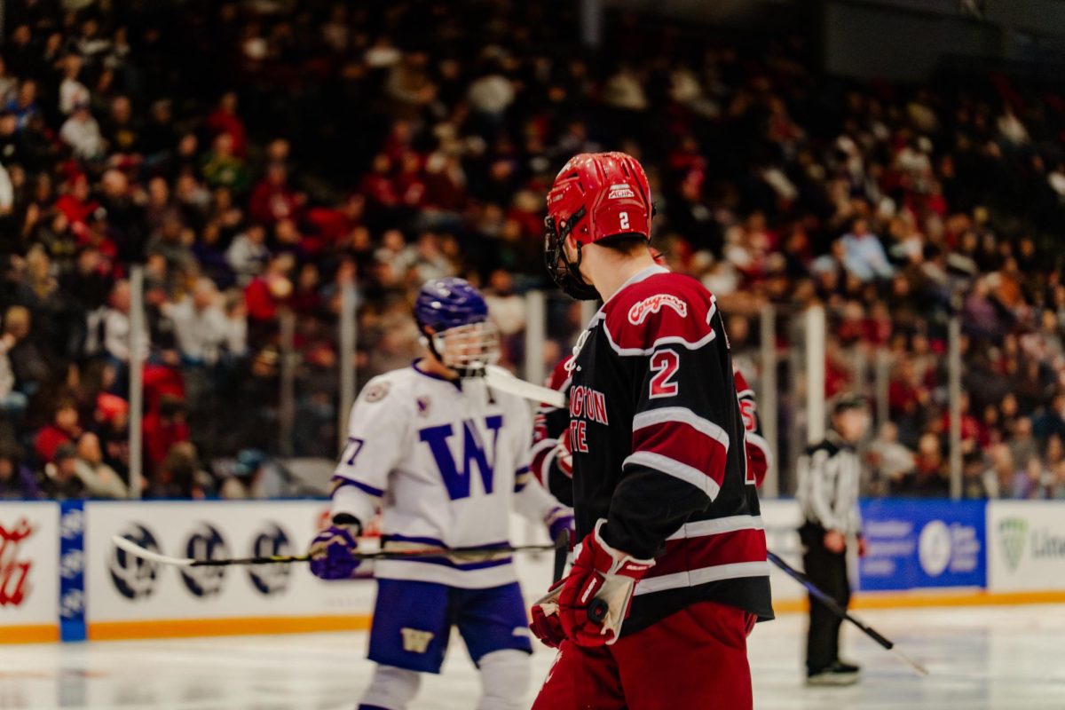 David Bushkin eyes down a Husky hockey player on Jan. 9 2026 in the Toyota Center (Courtesy of Brandon Mendoza).  