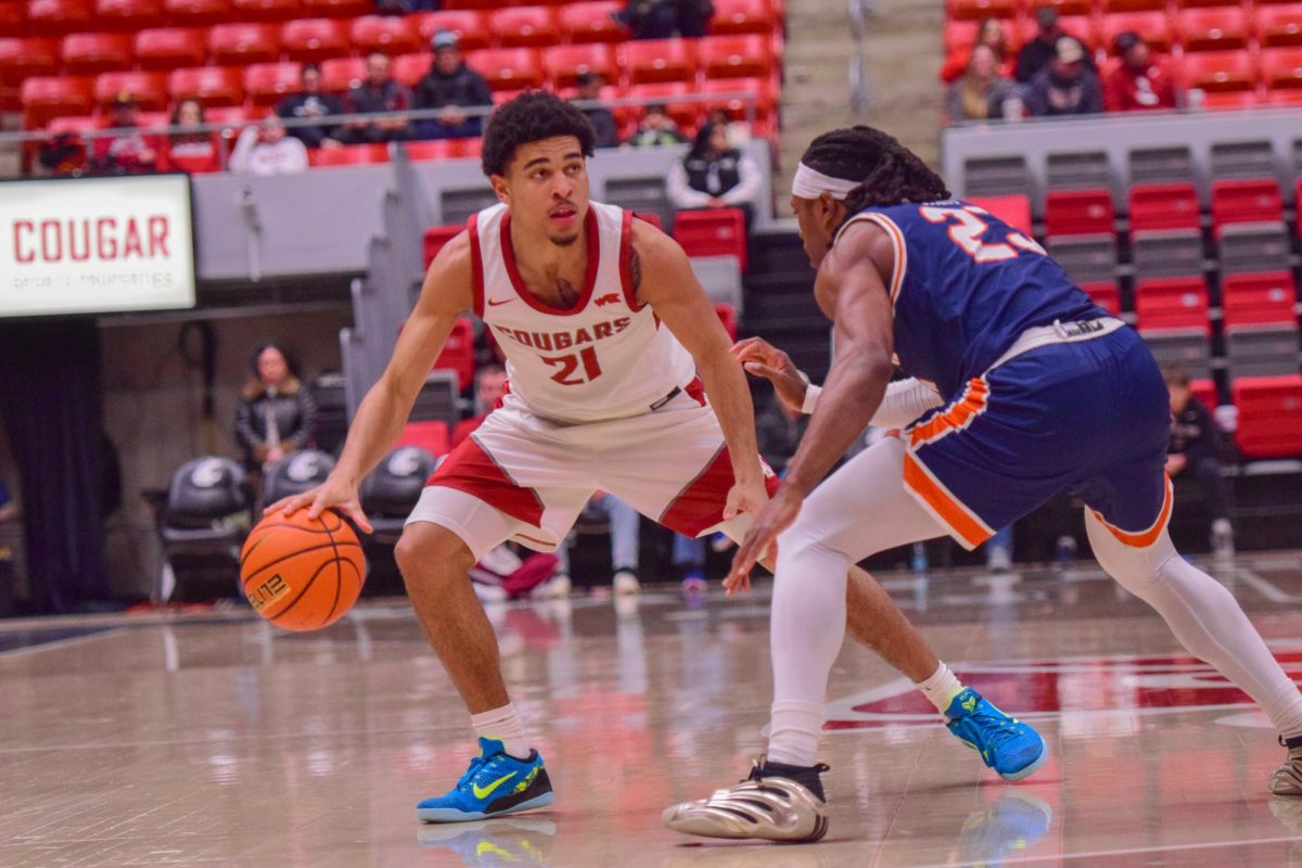 WSU Guard Ace Glass looks for an opening against Pepperdine University, Jan. 24, 2026.