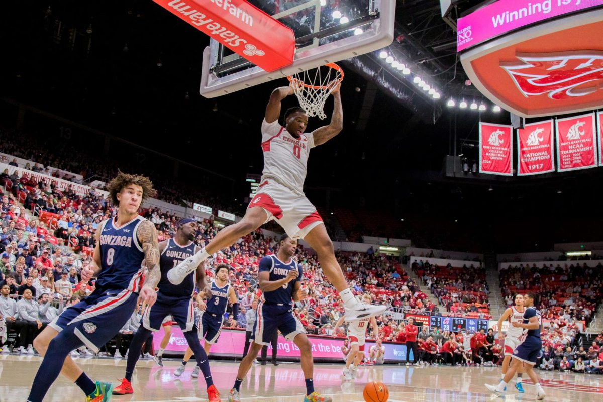 WSU forward Emmanuel Ugbo dunks the ball against Gonzaga University, Jan. 15, 2026.