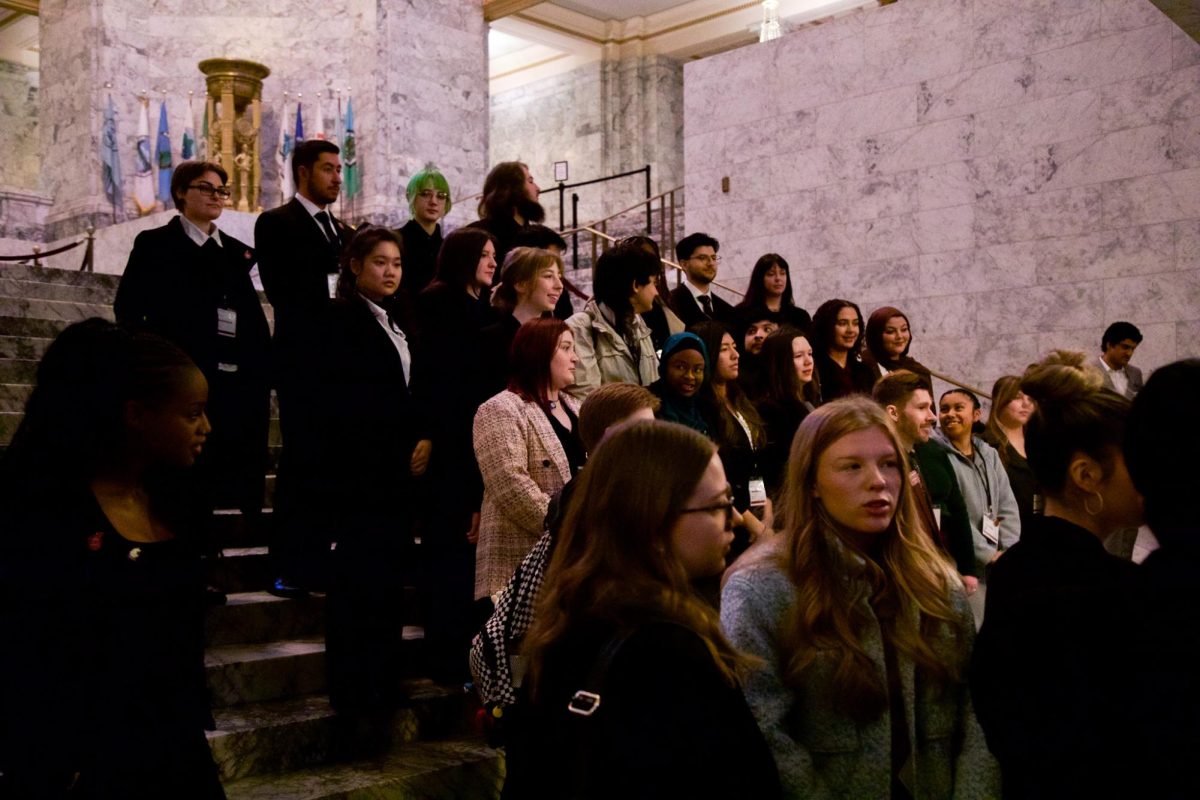 WSU Student lobbyists gather on the steps of the Washington State Capitol building for a photo, Jan. 26, 2026.