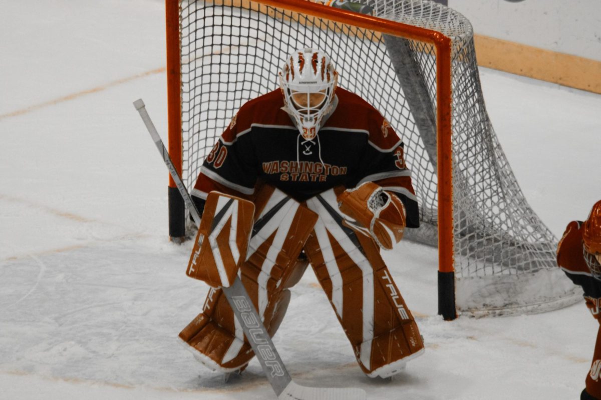 Alexei Kuhl preparing for a faceoff during a WSU hockey game against the University of Washington on Jan. 10 2026 in the Toyota Center. 