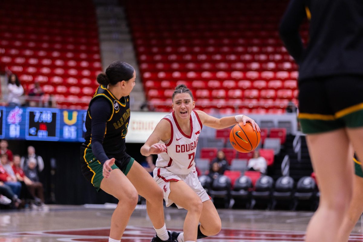 WSU Guard Eleonora Villa under pressure against University of San Francisco, Jan. 17, 2026
