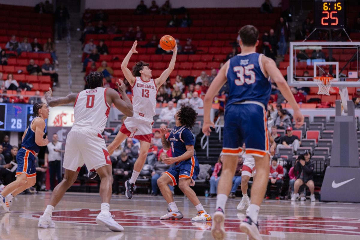 WSU Guard Adrià Rodriguez catches a midair ball against Pepperdine University, Jan. 24, 2026.