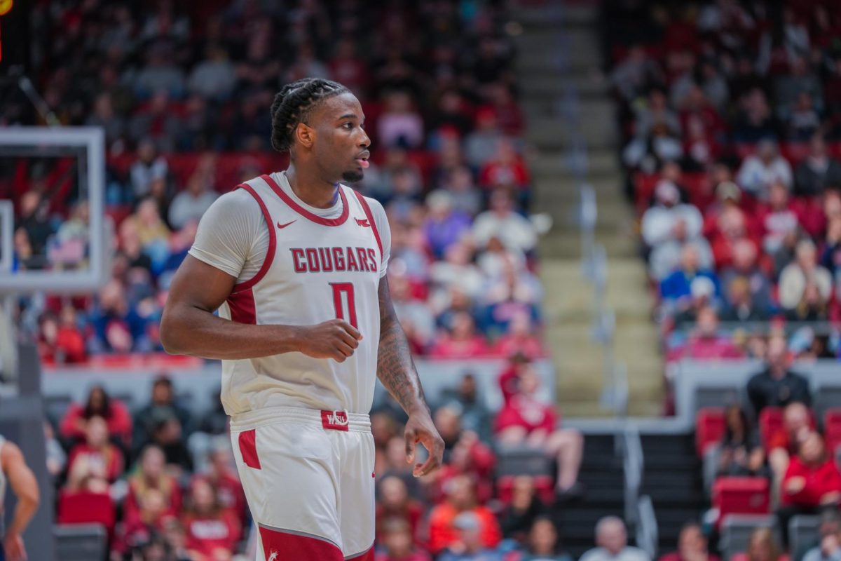 WSU Forward Emmanuel Ugbo getting ready to play defense against Gonzaga University, Jan. 15, 2026
